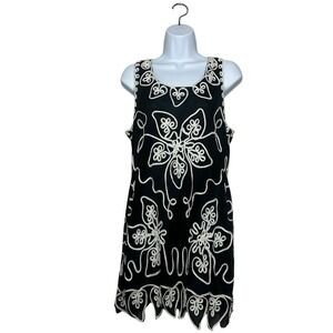 Pretty Angel Black Mini Dress‎ Size L White Cord Embroidery Boho Abstract